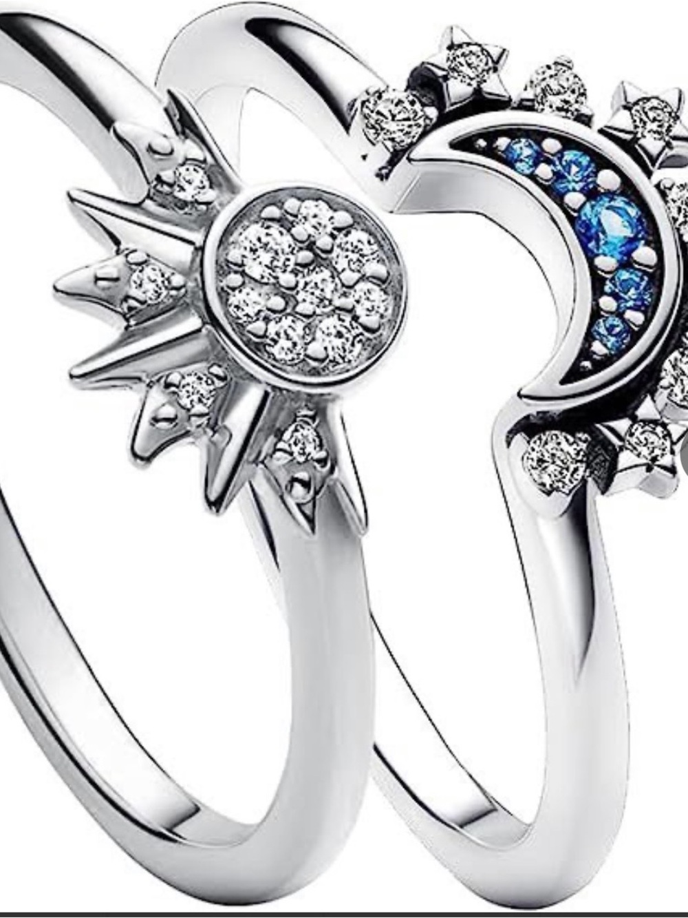 Celestial Sun & Moon Silver Ring Set with Blue Accents - NWOT